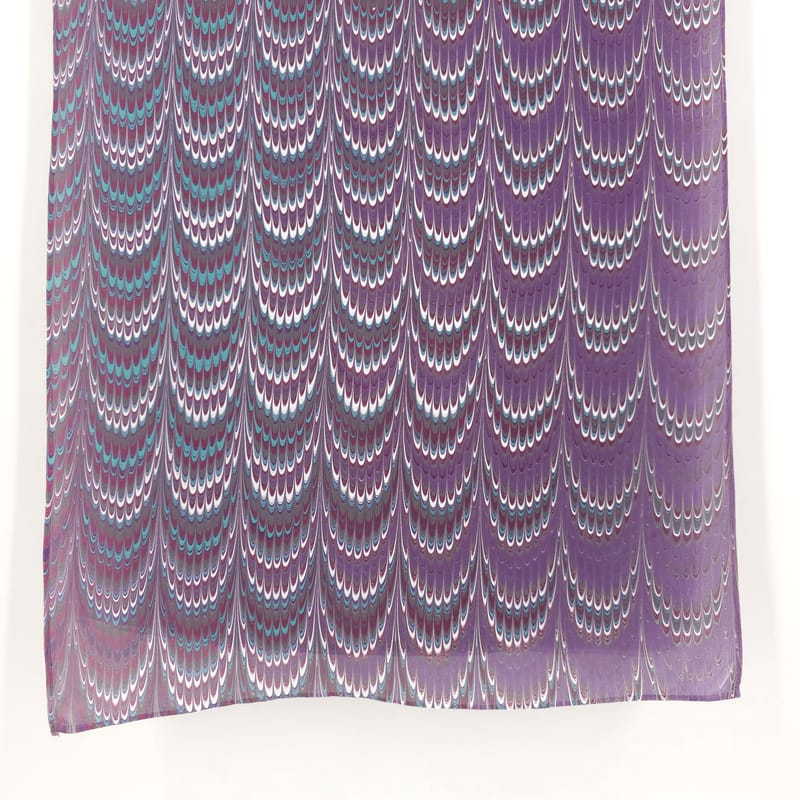 Hand Marbled Silk Scarf Cathedral Pattern in Plum, White, and Blue - Image 3