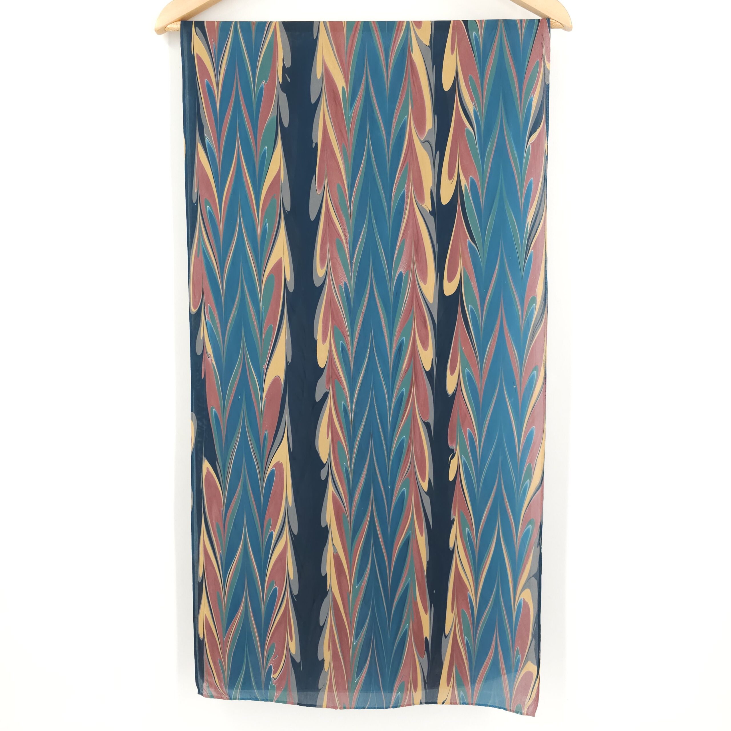 Hand Marbled Silk Scarf Getgil Pattern in Midnight Blue, Black, and Browns - Image 8