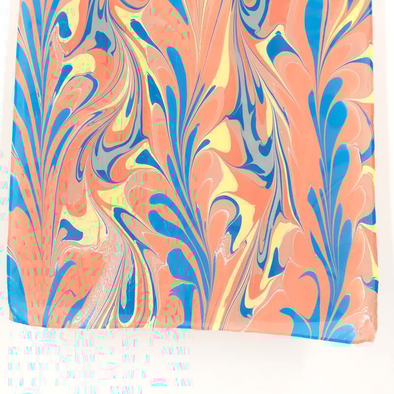Hand Marbled Silk Scarf Abstract Pattern in Orange, Blue, Yellow, and Beige - Image 3