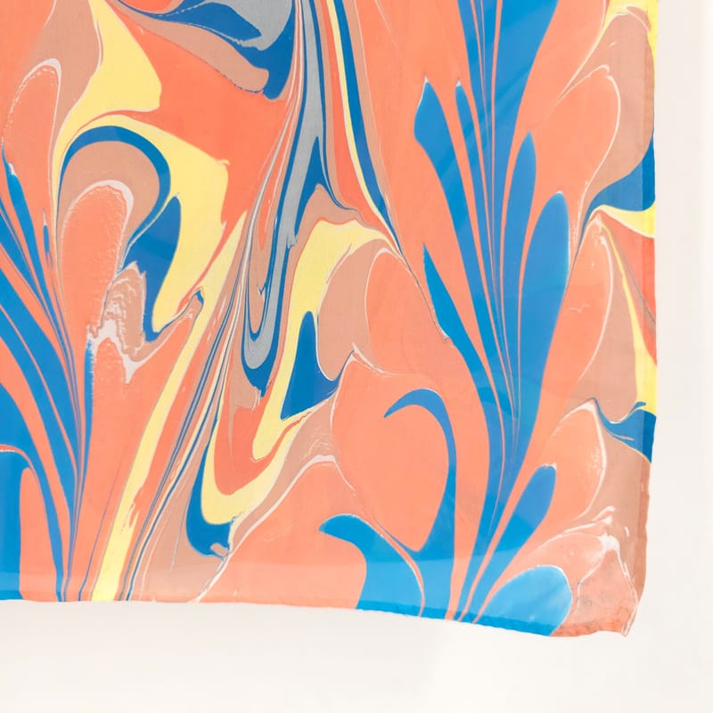 Hand Marbled Silk Scarf Abstract Pattern in Orange, Blue, Yellow, and Beige - Image 4