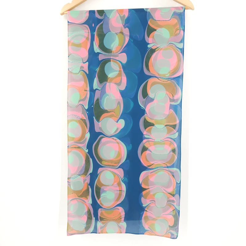 Hand Marbled Silk Scarf Overmarbled Mod Pattern in Blue, Orange, and Pink - Image 2