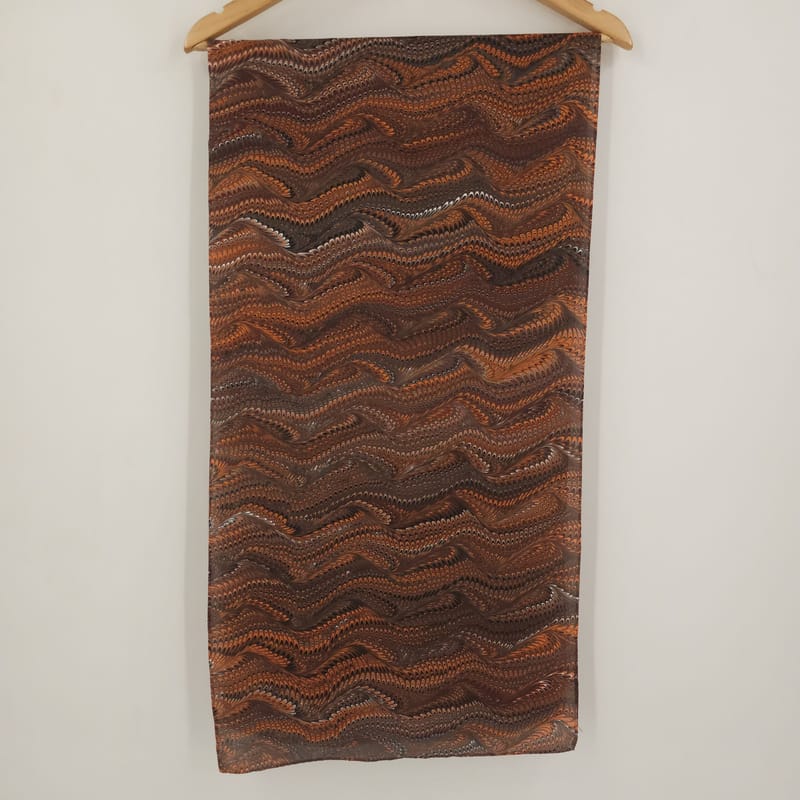Hand Marbled Silk Scarf Icarus Pattern in Orange, Chocolate, and Black - Image 2