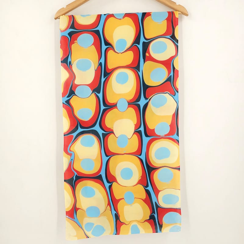Hand Marbled Silk Scarf Mod Pattern in Blue, Orange, and Red - Image 2