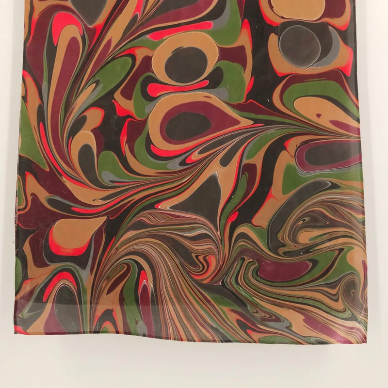 Hand Marbled Silk Scarf Abstract Pattern in Green, Brown, and Pink - Image 4