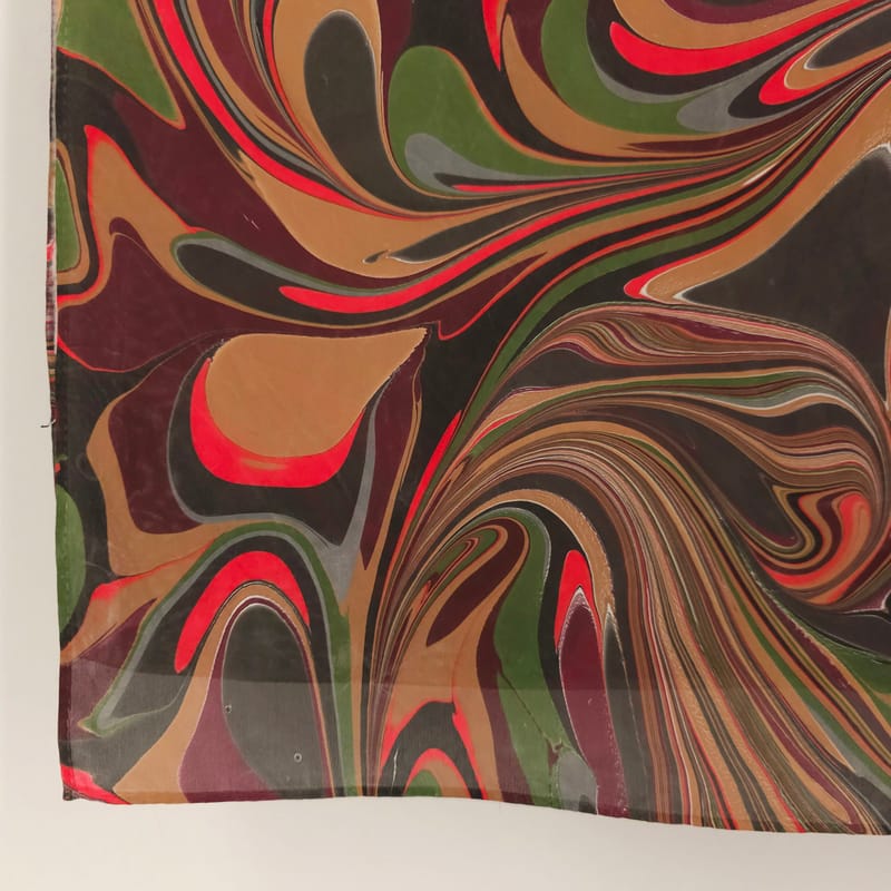 Hand Marbled Silk Scarf Abstract Pattern in Green, Brown, and Pink - Image 5