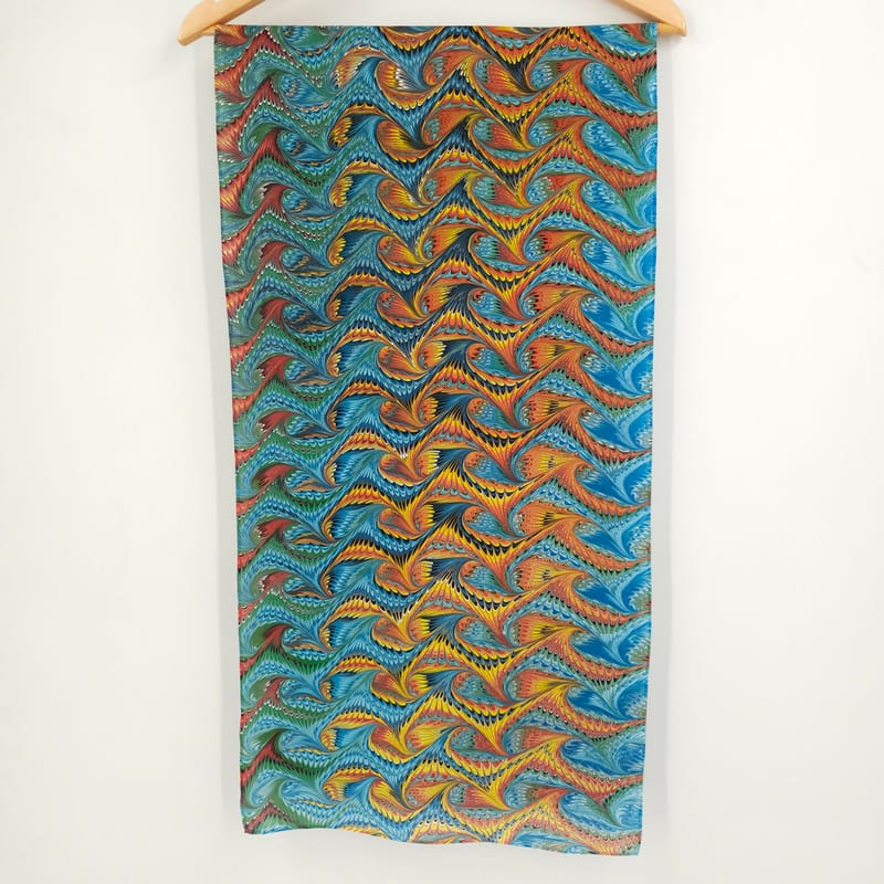 Hand Marbled Silk Scarf Angel Wing Pattern in Blue , Orange, Yellow, and Red - Image 2