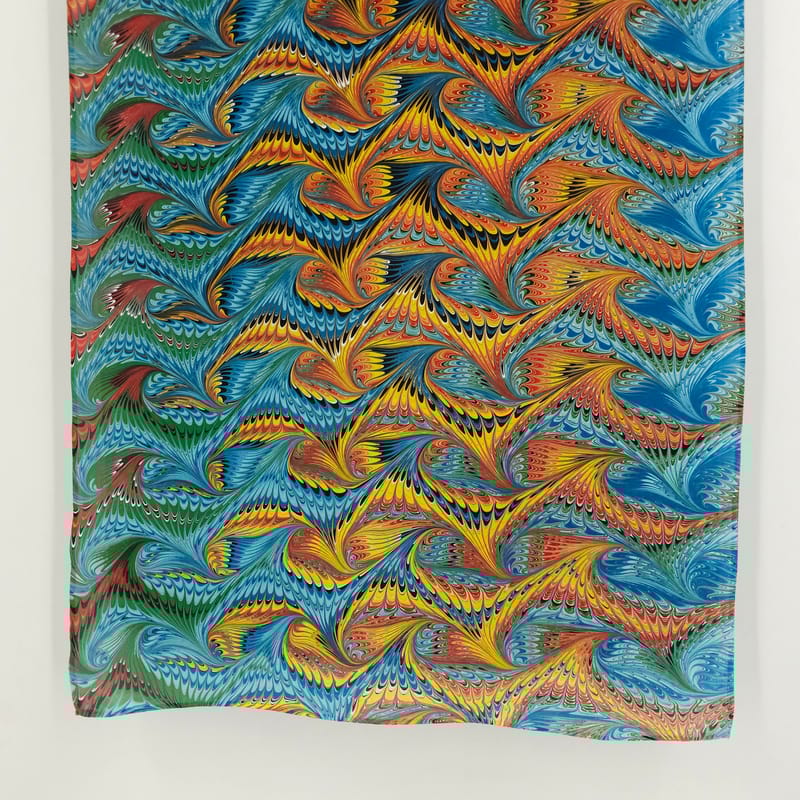 Hand Marbled Silk Scarf Angel Wing Pattern in Blue , Orange, Yellow, and Red - Image 3