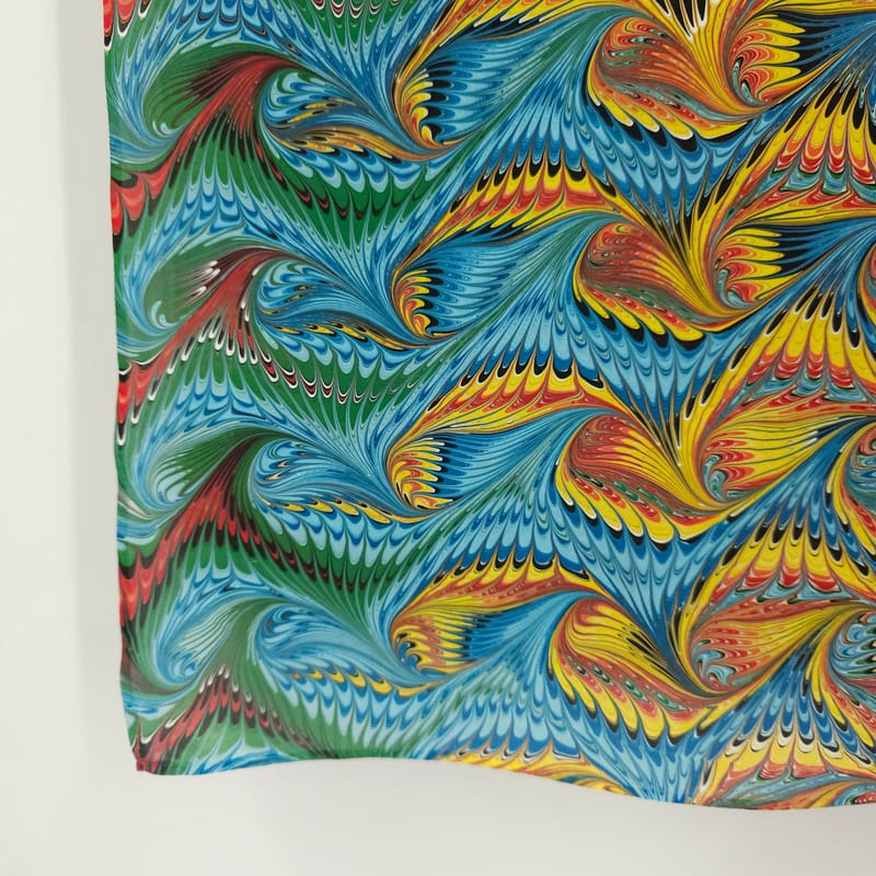 Hand Marbled Silk Scarf Angel Wing Pattern in Blue , Orange, Yellow, and Red - Image 5