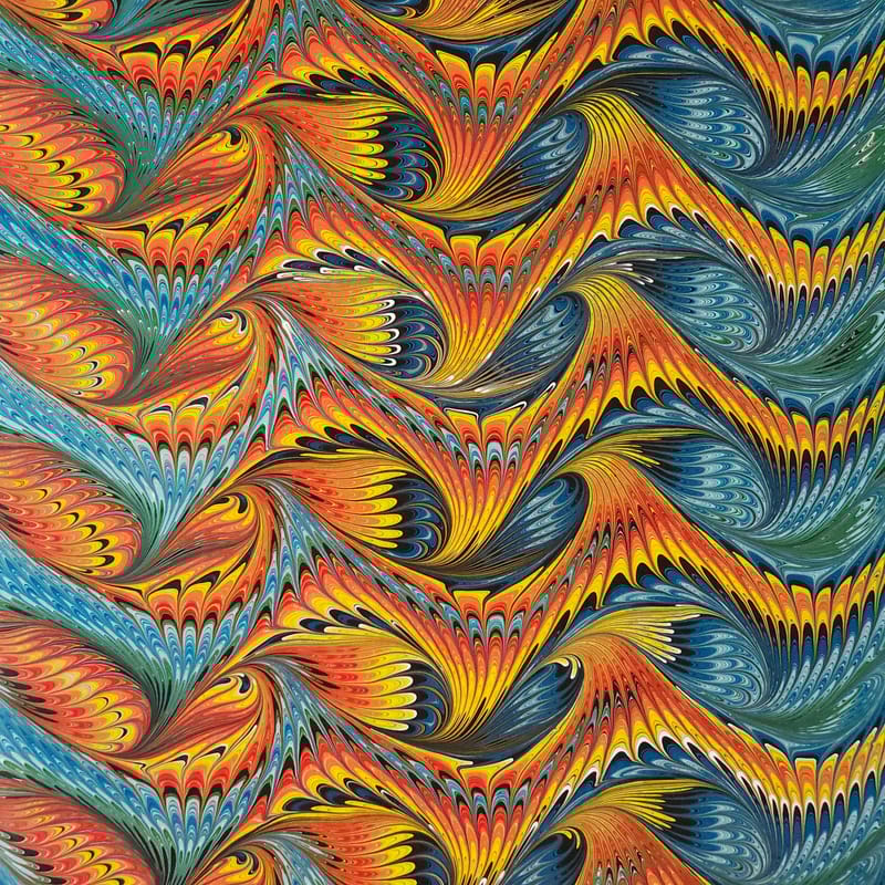 Hand Marbled Silk Scarf Angel Wing Pattern in Blue , Orange, Yellow, and Red - Image 4
