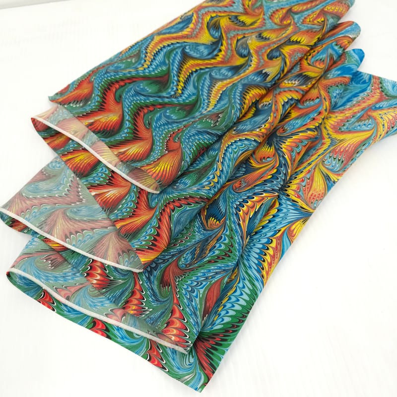 Hand Marbled Silk Scarf Angel Wing Pattern in Blue , Orange, Yellow, and Red - Image 6