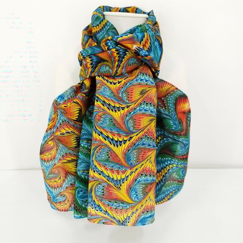 Hand marbled silk scarf angel wing pattern