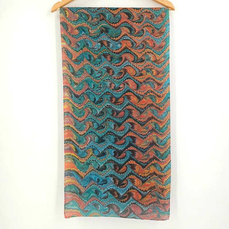 Hand Marbled Silk Scarf Angel Wing Pattern in Blue , Orange, Yellow, and Black - Image 2