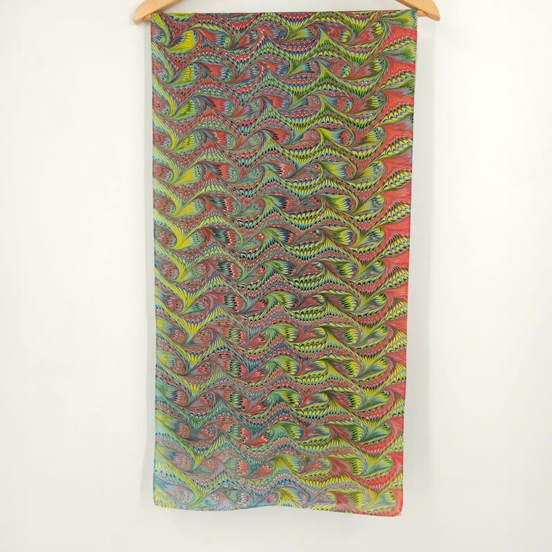 Hand Marbled Silk Scarf Angel Wing Pattern in Light Green , Orange, Yellow, and Red - Image 2