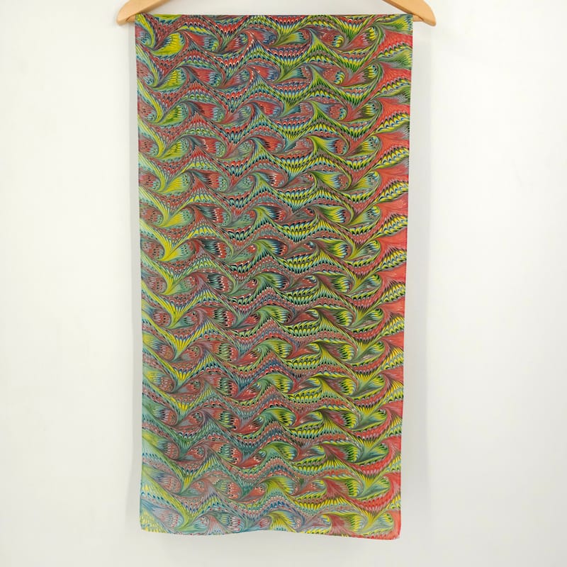 Hand Marbled Silk Scarf Angel Wing Pattern in Light Green , Orange, Yellow, and Red - Image 8
