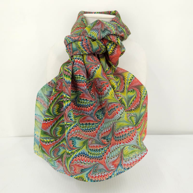 Hand marbled silk scarf angel wing pattern