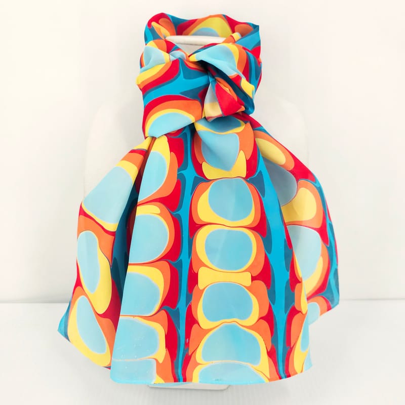 hand marbled silk scarf mod pattern in blue red and yellow