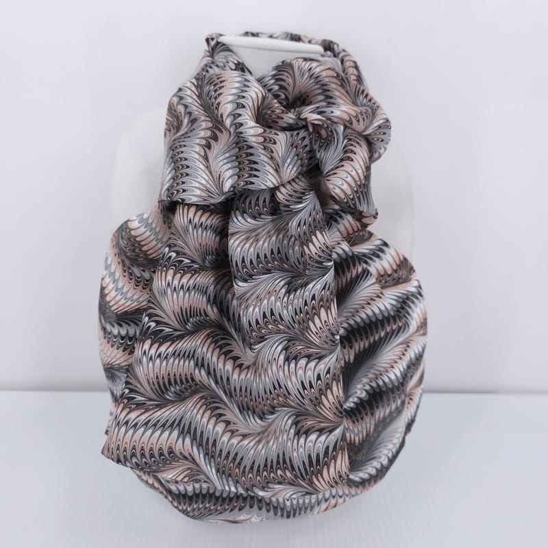 hand marbled silk scarf icarus pattern in beige, black and white