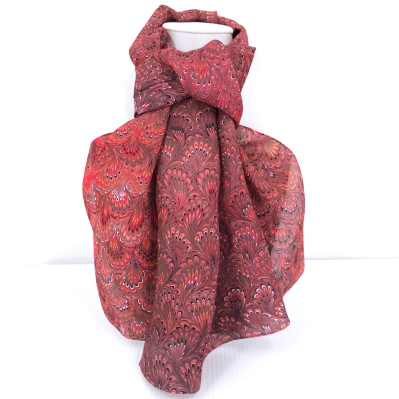Hand marbled silk scarf bouquet pattern in rust and brown
